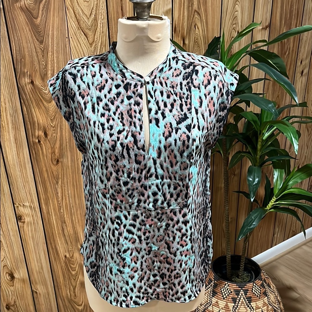 J. Crew Mint and Black Graphic Cap Sleeve Blouse